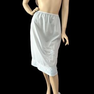60s Vintage Pale Blue Nylon Slip‎ Skirt NWT Floral Appliqué Hem | Size Medium